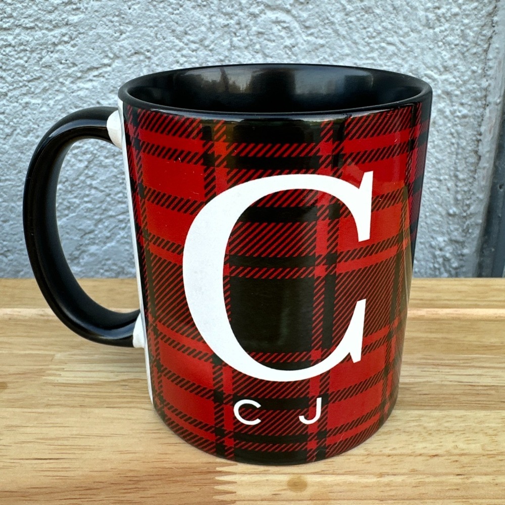 CJ Initial Mug "C" Personalization Mall Red Plaid Christmas Holiday Coffee Cup